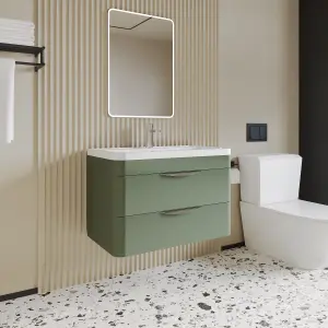 Wall Hung 2 Drawer Vanity Unit with Polymarble Basin - 800mm - Satin Green