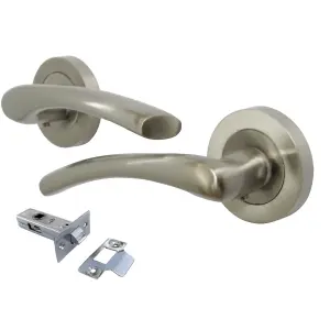 Zena Door Handle Modern Design Satin Nickel Lever on Rose Internal + Latch