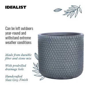 IDEALIST 25cm Small Round Planter, Honeycomb Slate Grey Reinforced Stone Cylinder Outdoor Plant Pot D25 H23 cm, 11L