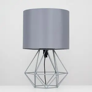 ValueLights Angus Modern Geometric Grey Metal Cage Bedside Table Lamp with Grey Fabric Shade