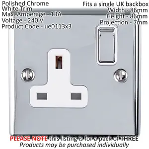 3 PACK 1 Gang Single UK Plug Socket POLISHED CHROME 13A Switched White Trim