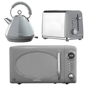 Daewoo Grey 3PCs Kensington Collection Matching Pyramid Kettle Microwave & Toaster Set 2-Slice 3000W Rapid Boil