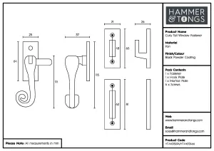 Hammer & Tongs - Curly Tail Window Fastener - Left Handed - W45mm x H115mm - Black