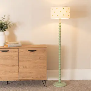 ValueLights Bobbins Sage Green Floor Lamp with Lemon Embroidered Drum Shade and LED Bulb