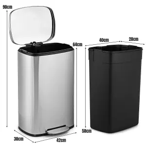 Costway 50L Rectangular Trash Garbage Can Stainless Steel Step Trash Bin Recycling Pedal