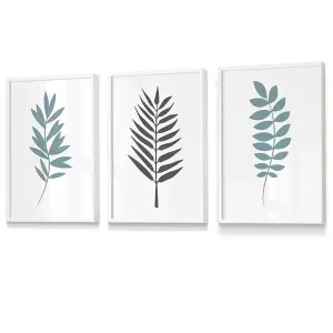 Set of 3 Graphical Blue Grey Leaves Wall Art Prints / 30x42cm (A3) / White Frame