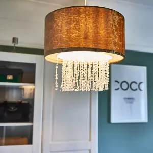 ValueLights Boland Modern Gold Velvet Cylinder Ceiling Pendant Light Shade with Clear Acrylic Droplets