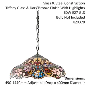 Floral Tiffany Glass Design Ceiling Pendant Light - Dark Bronze Effect Fitting