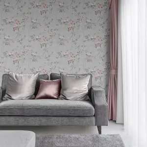 Muriva Pink & Grey Floral Mica effect Embossed Wallpaper