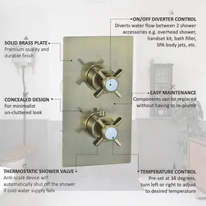 ENKI Edwardian Antique Brass Crosshead 2-Outlet Solid Brass Thermostatic Twin Shower Valve TSV065