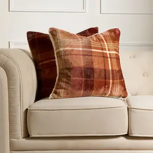 Tartan Check Cushion Covers 4 Pack Case Flannel Fleece Set, 45 x 45cm - Rust