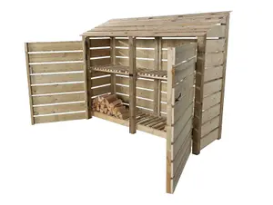 Slatted wooden log store with door and kindling shelf W-227cm, H-180cm, D-88cm - natural (light green) finish