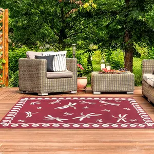 Red Outdoor Rug, Animal Bordered Stain-Resistant Rug For Patio Decks Garden Balcony, Modern Outdoor Area Rug-240cm X 340cm