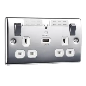 BG Chrome 13A Switched Double WiFi extender socket with USB