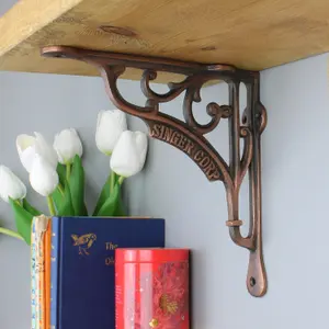 Oakcrafts - Pair of Antique Cast Iron SINGER Corp Shelf Brackets Copper Finish - 200mm x 200mm