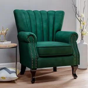 Green Velvet Wing Back Armchair,Upholstered Sofa Chair Vintage Channel Accent Chair with Wooden Legs