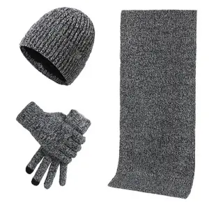 Grey Autumn & Winter Warm Knitted Acrylic Hat Scarf Gloves Set