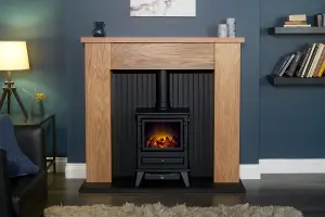 Adam New England Stove Fireplace in Oak & Black with Hudson Electric Stove in Black, 48 Inch