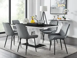 Giovani Rectangular 6 Seat White High Gloss Unique Halo Base Dining Table Black Glass Top 6 Grey Velvet Black Leg Pesaro Chairs