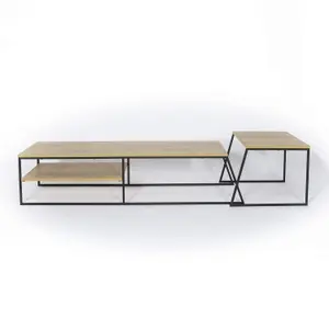 FWStyle Modular TV Unit Sofa Table Set Modern Design Black Metal Natural Oak