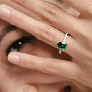 Astra 2.30Ct Lab Emerald And Diamond Shoulder Set Pear Cut Ring In Silver