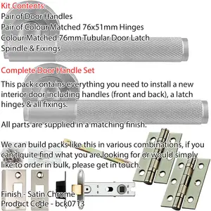 Door Handle & Latch Pack - Satin Chrome - Knurled Straight Bar Lever On Round Rose