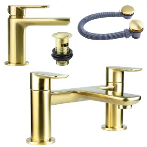 Brushed Brass Shower Kit Rigid Riser Over Head Rainfall & Brushed Brass Basin Tap, Bath Filler Mixer Pack