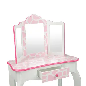 Teamson Kids Dressing Table, Play Vanity Set with Mirror & Stool - Pink/White/Giraffe Print