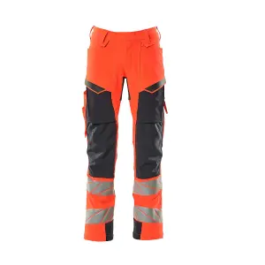 Mascot Accelerate Safe Trousers with Kneepad Pockets - Hi-Vis Red/Dark Navy   (36.5) (Leg Length - Long)