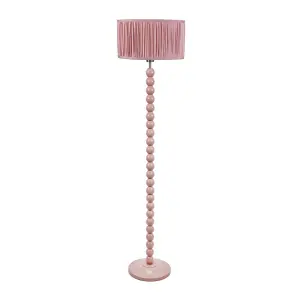 ValueLights Bobbins Painted Rose Floor Lamp with Ruched Pleated Blush Pink Drum Shade and LED Bulb