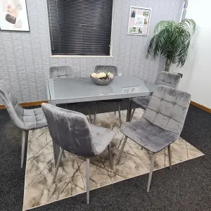 Grey Dining Table and 6 Grey Velvet Chairs Kitchen Dining Set of 6 Glass Table