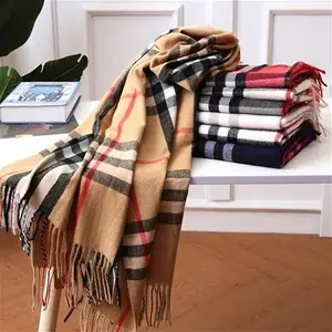 (Beige) Men Ladies Women Classic Checked Tartan Print Plain Tassel Scarf Burberry Style