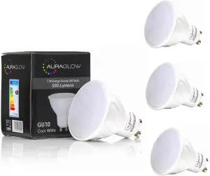 AURAGLOW Super Bright 5.5w LED GU10 Light Bulb, Warm White, 70w EQV - 550 Lumen - 3000k - RETROFIT - 4 PACK