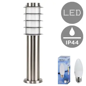 ValueLights Wharf Modern Outdoor Stainless Steel 450mm Bollard Lantern Light Post - Includes 4w LED Candle Bulb 6500K Cool White