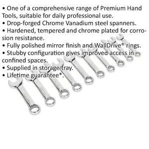 10-Piece Stubby Combination Spanner Set - 10mm to 19mm - 12 Point Short Handled Ring Tools