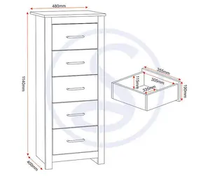 Portland 5 Drawer Narrow Chest in Grey with Oak Effect Finish