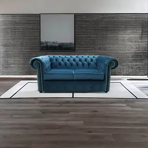 Chesterfield 2 Seater Blue Velvet Sofa Custom Made In Classic Style