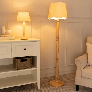 ValueLights Victoria Light Wood Floor Lamp with Linen Scallop White Trim Tapered Shade & Bulb