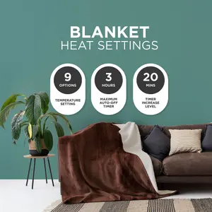 DMD Heated Electric Blanket Throw Fleece Sherpa 9 Heat & Timer Settings 120x160cm - Chocolate Brown