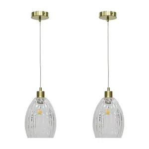 First Choice Lighting Set of 2 Birch Clear Fluted Glass with Satin Brass Pendant Fittings