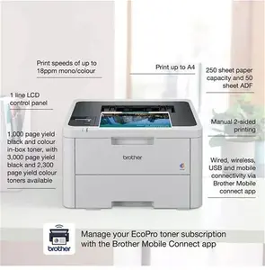 Brother HL-L3220CWE Wireless Colour Laser Printer With 4 Months Ecopro Subscription, White