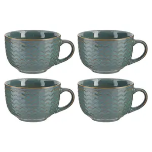 Set of 4 Dark Blue Large Stoneware Cups Coffee Mugs