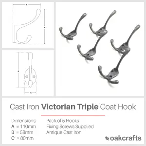 Oakcrafts - Antique Cast Iron Victorian Triple Coat Hook - Pack of 5 Hooks