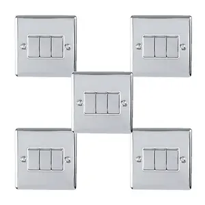 5 PACK 3 Gang Triple Metal Light Switch POLISHED CHROME 2 Way 10A White Trim