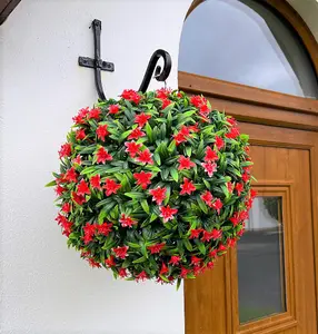 Best Artificial 38cm Red Lily Hanging Basket Flower Topiary Ball - Suitable for Outdoor Use - Weather & Fade Resistant