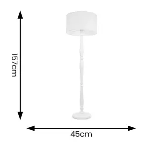 ValueLights Victoria Traditional White Wood Candlestick Floor Lamp with White Drum Shade - LED Bulb Included