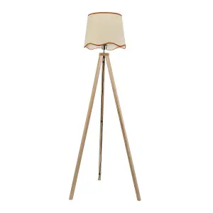 ValueLights Barbro Light Wood Tripod Floor Lamp with Natural Linen Scallop Rust Edge Shade