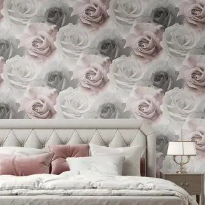 Pink Grey White Floral Rose Bloom Flower Wall Mural Feature Wallpaper