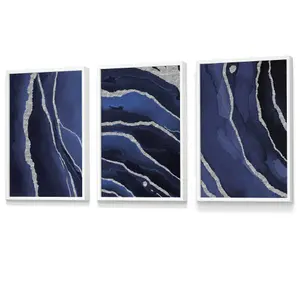 Set of 3 Abstract Navy Blue Silver Strokes Wall Art Prints / 30x42cm (A3) / White Frame