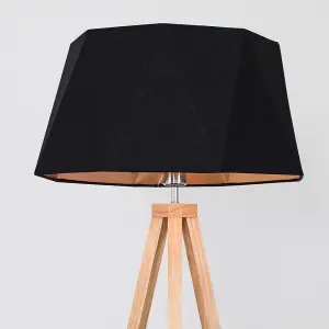 ValueLights Barbro Light Wood Tripod Design Floor Lamp with Black/Copper Geometric Shade - Complete with 6w LED GLS Bulb